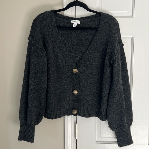 Topshop Cropped Button Cardigan Balloon Sleeve Sweater - Picture 2 of 6